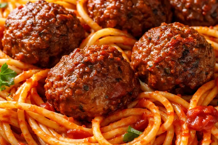Golden-brown classic Italian meatballs in rich marinara sauce, garnished with fresh basil and Parmesan cheese.