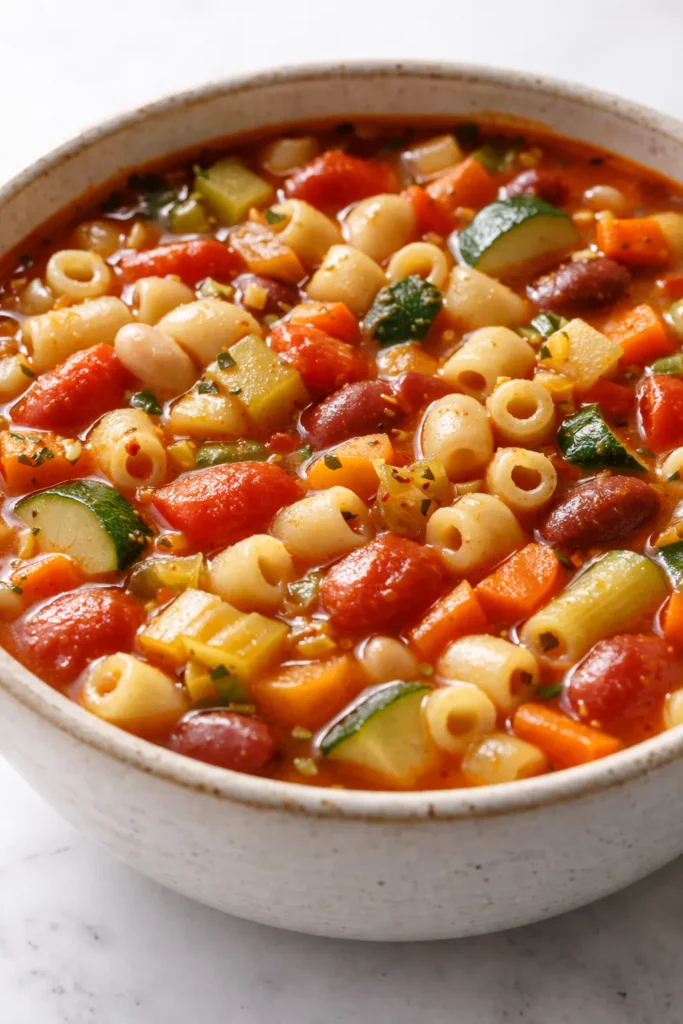 Classic minestrone soup in a rustic bowl, filled with chunky vegetables, tender beans, and small pasta in a rich tomato broth, topped with fresh parsley and Parmesan.