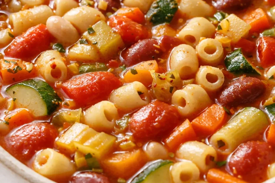 Classic minestrone soup in a rustic bowl, filled with chunky vegetables, tender beans, and small pasta in a rich tomato broth, topped with fresh parsley and Parmesan.