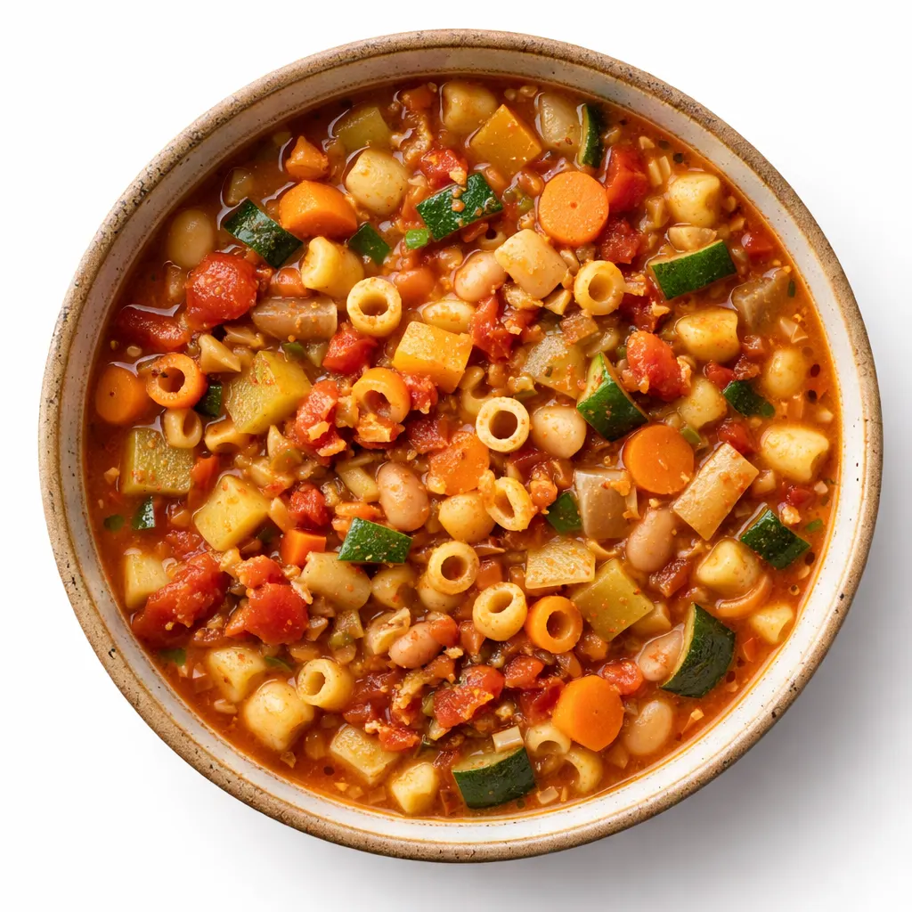 Fresh vegetables, beans, and pasta simmering in a pot for quick classic minestrone soup with rich tomato broth