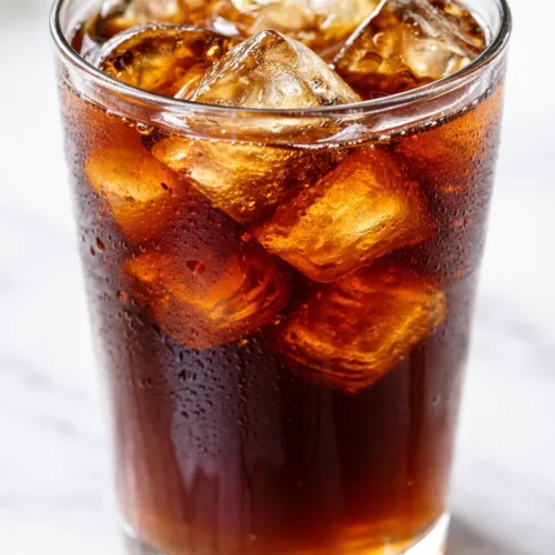 A tall glass of copycat Starbucks iced coffee filled with ice cubes, featuring a creamy top and rich dark brown color.