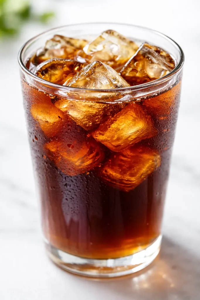 A tall glass of copycat Starbucks iced coffee filled with ice cubes, featuring a creamy top and rich dark brown color.