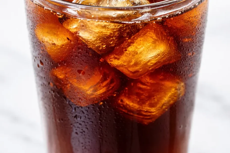 A tall glass of copycat Starbucks iced coffee filled with ice cubes, featuring a creamy top and rich dark brown color.