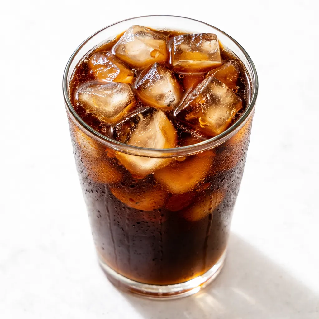 Pouring homemade copycat Starbucks iced coffee over ice cubes, dark brew swirling with creamy milk in a tall glass.
