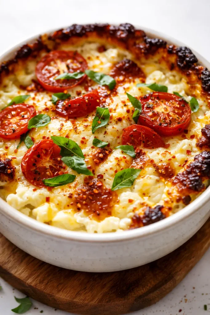Crispy cottage cheese pizza bowls with golden top, melted mozzarella and pepperoni, perfect quick meal.