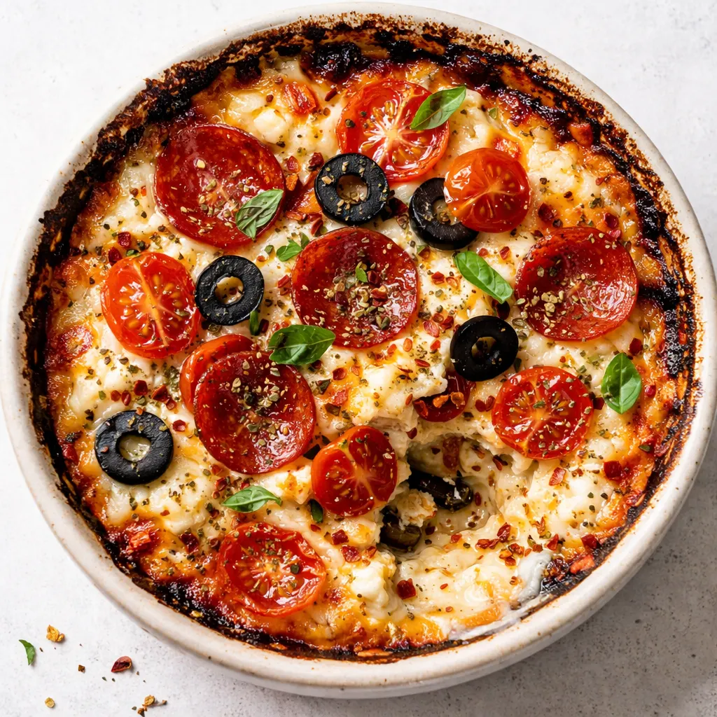 Baking cottage cheese pizza bowls in oven until golden brown and crispy on top.