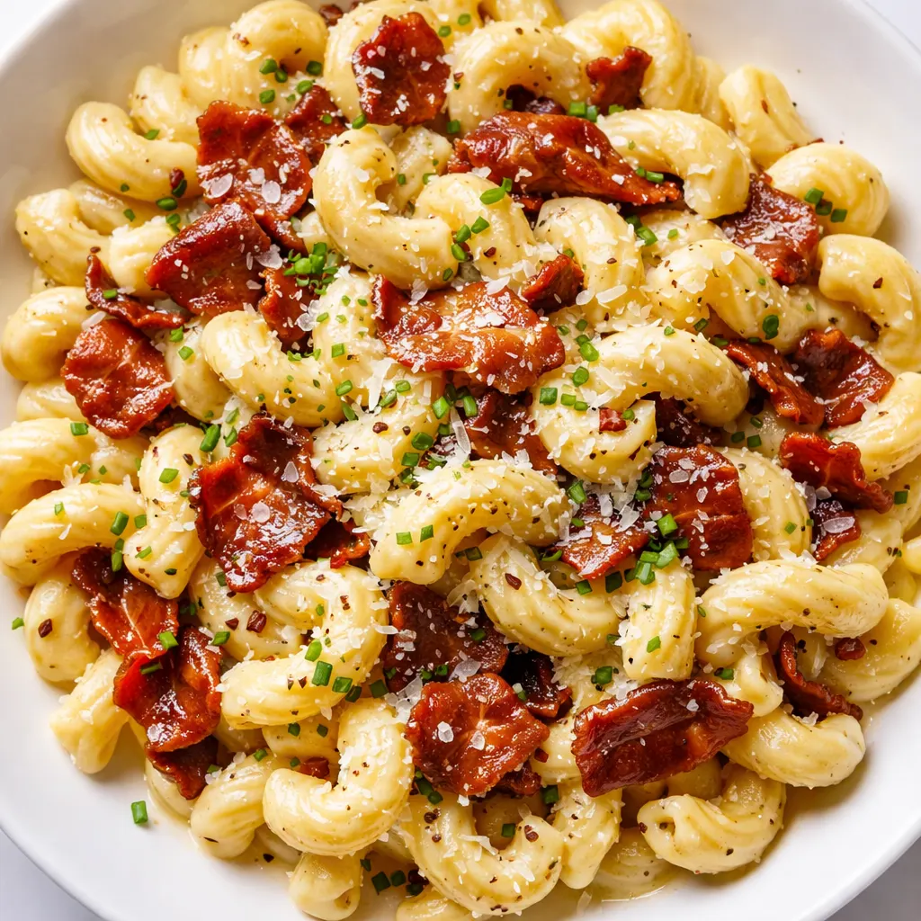 Silky cream cheese sauce coating pasta with crispy bacon bits in a hot skillet, creamy texture.