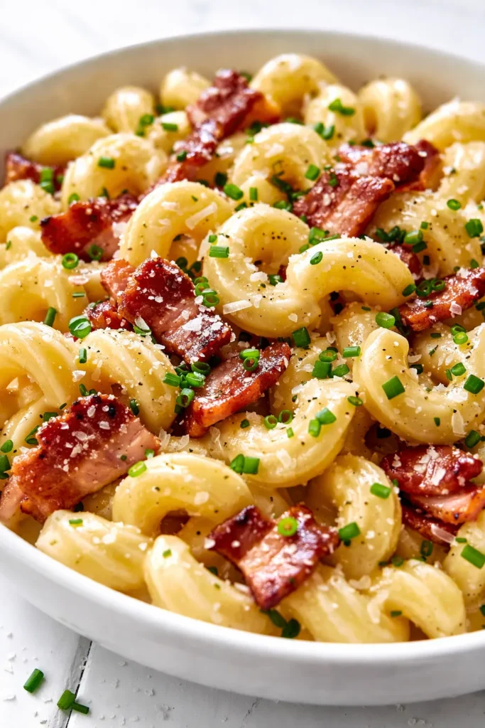 Cream cheese pasta with crispy bacon bits in a silky, creamy sauce, topped with fresh parsley.