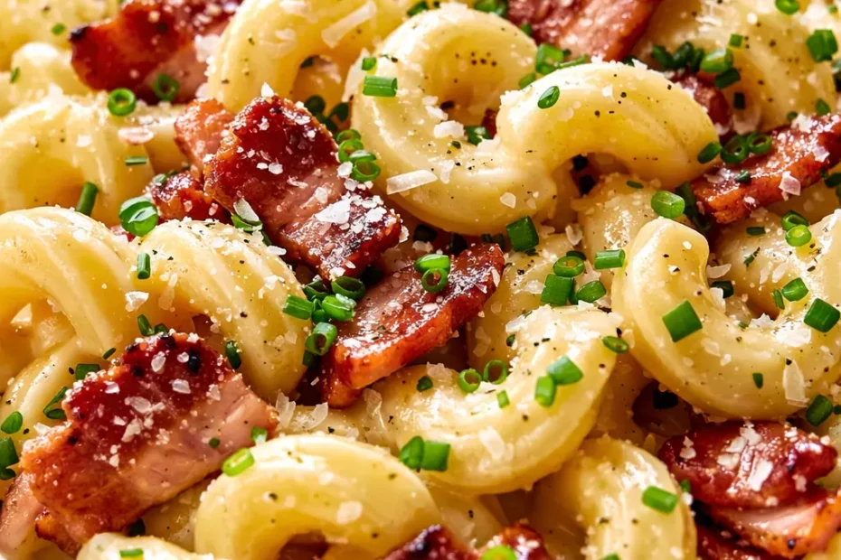 Cream cheese pasta with crispy bacon bits in a silky, creamy sauce, topped with fresh parsley.