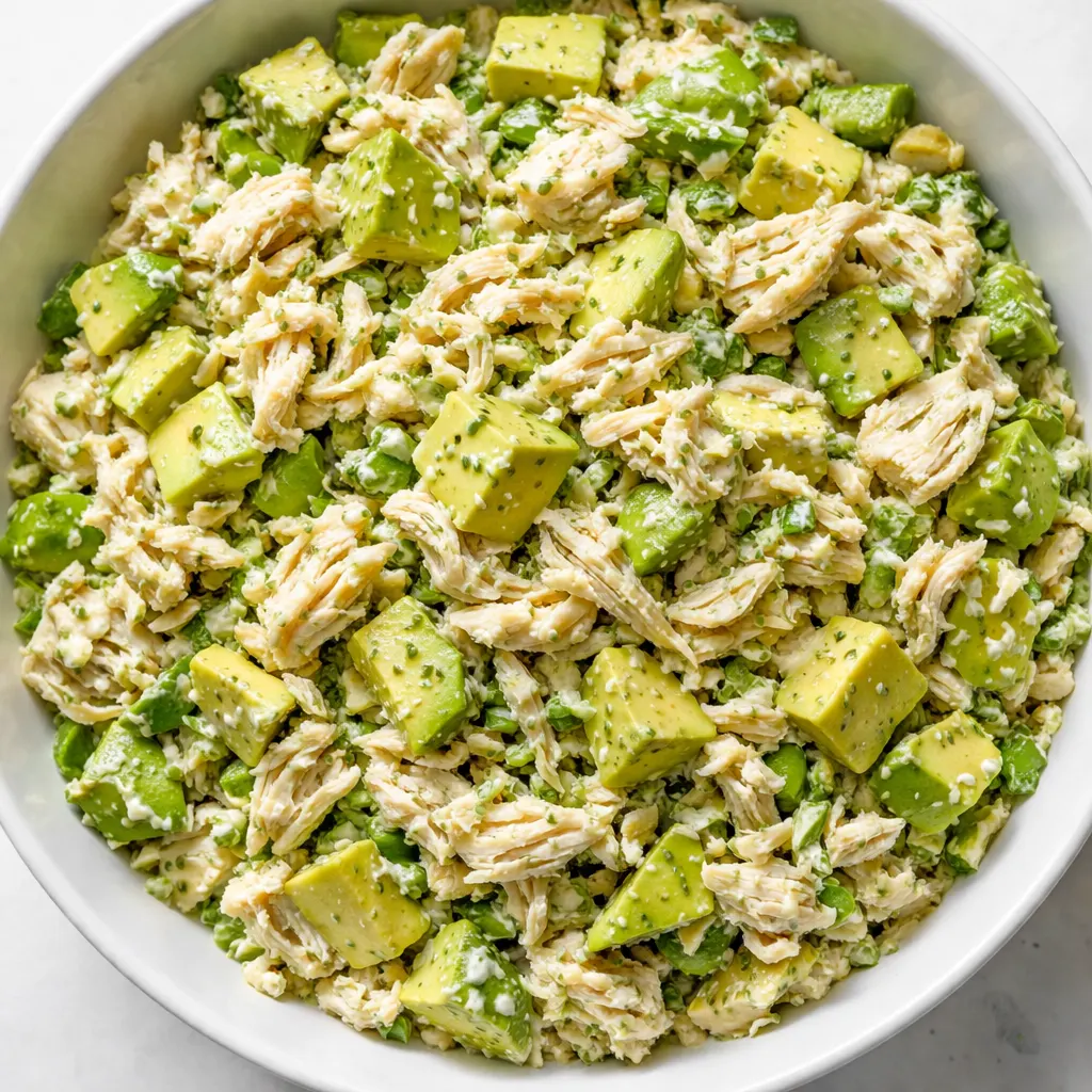 Creamy avocado chicken salad with tender chicken, ripe avocado chunks, and fresh herbs in a white bowl, highlighting its rich texture and vibrant green color.