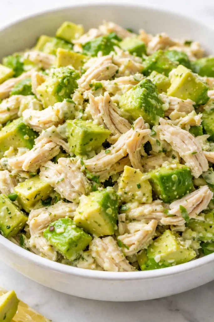 Creamy avocado chicken salad with chunks of ripe avocado, shredded chicken, and a light dressing, garnished with fresh herbs.