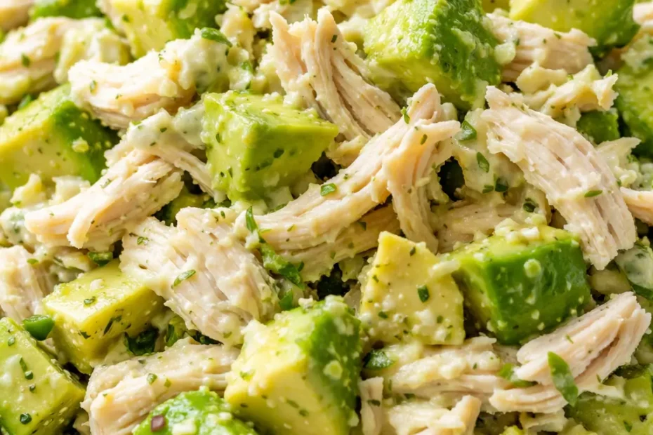 Creamy avocado chicken salad with chunks of ripe avocado, shredded chicken, and a light dressing, garnished with fresh herbs.