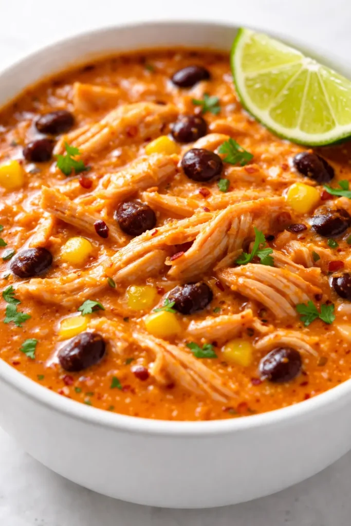 A hearty bowl of creamy chicken enchilada soup topped with melted cheese, cilantro, and crispy tortilla strips, showcasing the rich, velvety broth.