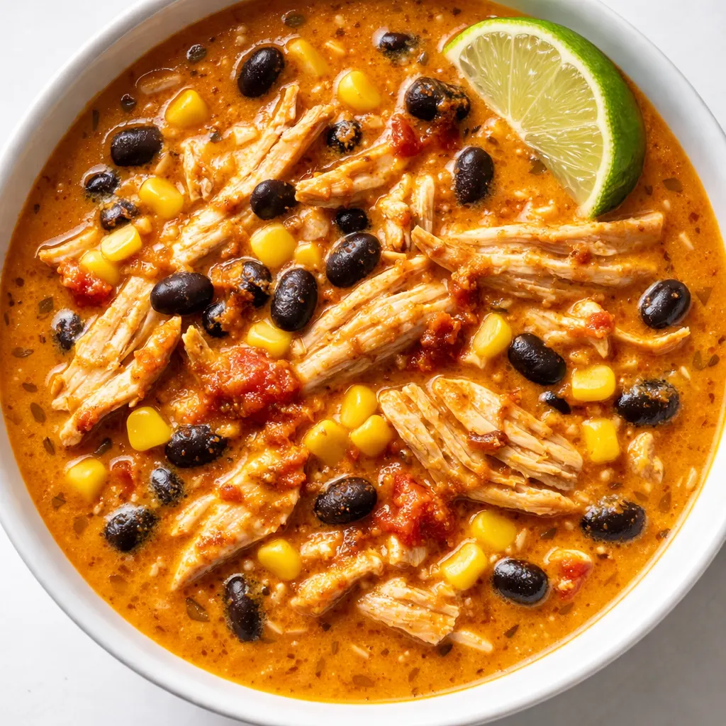Creamy chicken enchilada soup with melted cheese and shredded chicken in a pot, stirring spoon visible, rich orange color.