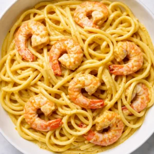 Creamy coconut curry prawn linguine in a white bowl, garnished with cilantro and lime wedges, showing rich golden sauce coating pasta and prawns.