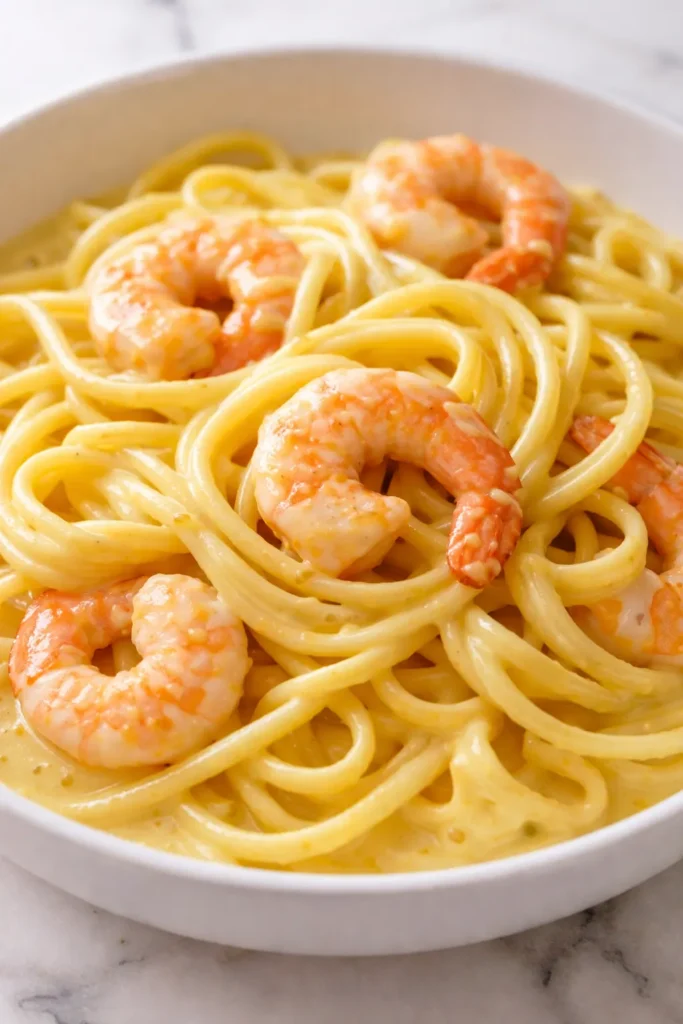 Creamy coconut curry prawn linguine topped with cilantro and lime, showing luscious sauce on each strand.