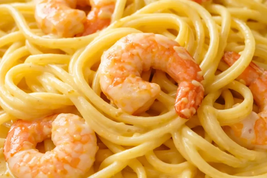 Creamy coconut curry prawn linguine topped with cilantro and lime, showing luscious sauce on each strand.