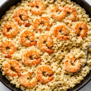 Sizzling shrimp and rice in a creamy garlic butter sauce, with a rich golden color and steamy aroma in a skillet.