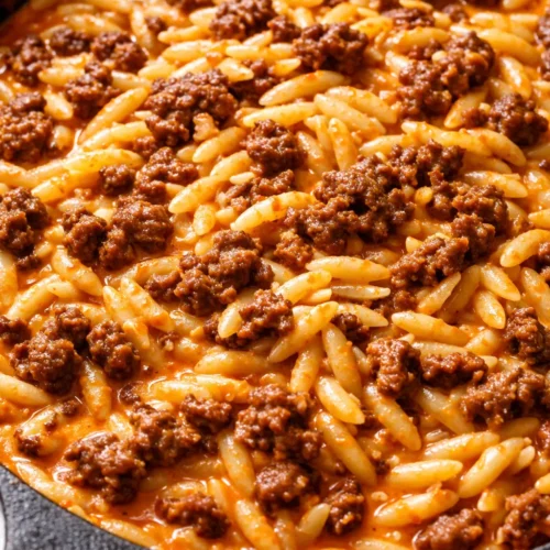 Creamy ground beef orzo with tender pasta in a rich tomato sauce, topped with fresh parsley and grated Parmesan cheese.
