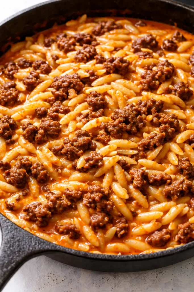 Creamy ground beef orzo with tender pasta in a rich tomato sauce, topped with fresh parsley and grated Parmesan cheese.