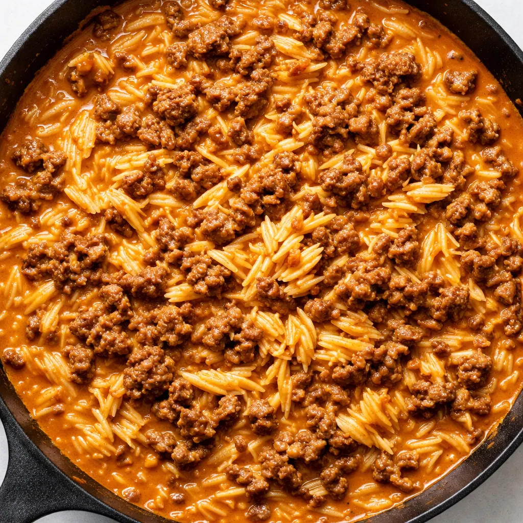 Ground beef browning with onions and garlic in a pot, orzo being stirred into a creamy tomato sauce, aromatic herbs scattered on top.