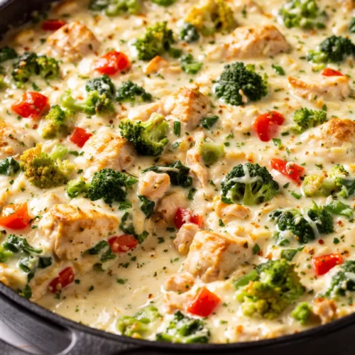 Rich creamy low carb chicken casserole with golden brown top and tender chicken pieces in a skillet.