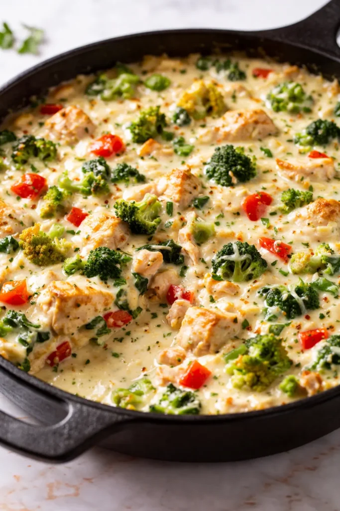 Rich creamy low carb chicken casserole with golden brown top and tender chicken pieces in a skillet.