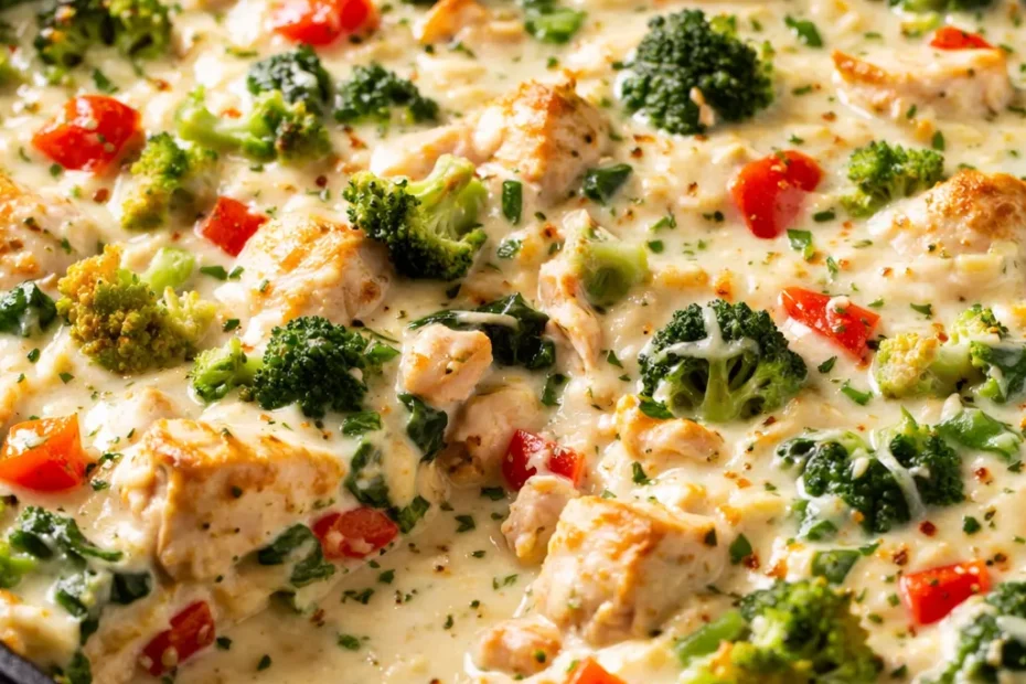 Rich creamy low carb chicken casserole with golden brown top and tender chicken pieces in a skillet.