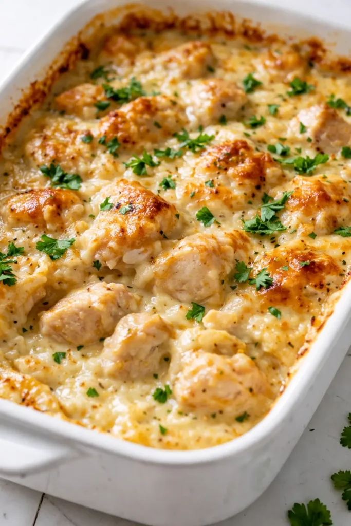 Golden brown creamy low carb chicken casserole with tender chicken pieces and melted cheese topping.