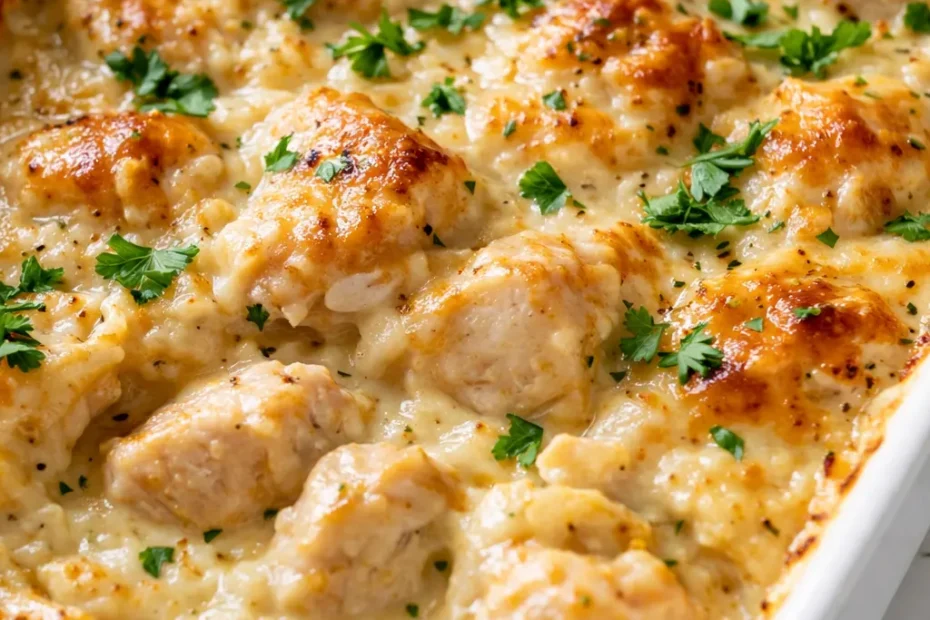 Golden brown creamy low carb chicken casserole with tender chicken pieces and melted cheese topping.
