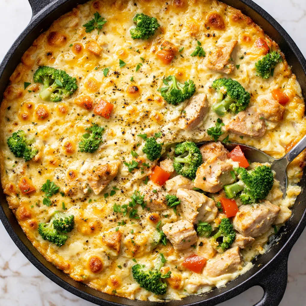 Rich creamy low carb chicken casserole in a skillet with golden browned chicken and green garnish.