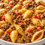 Creamy Rotel pasta with seasoned ground beef, topped with melted cheddar and fresh parsley.