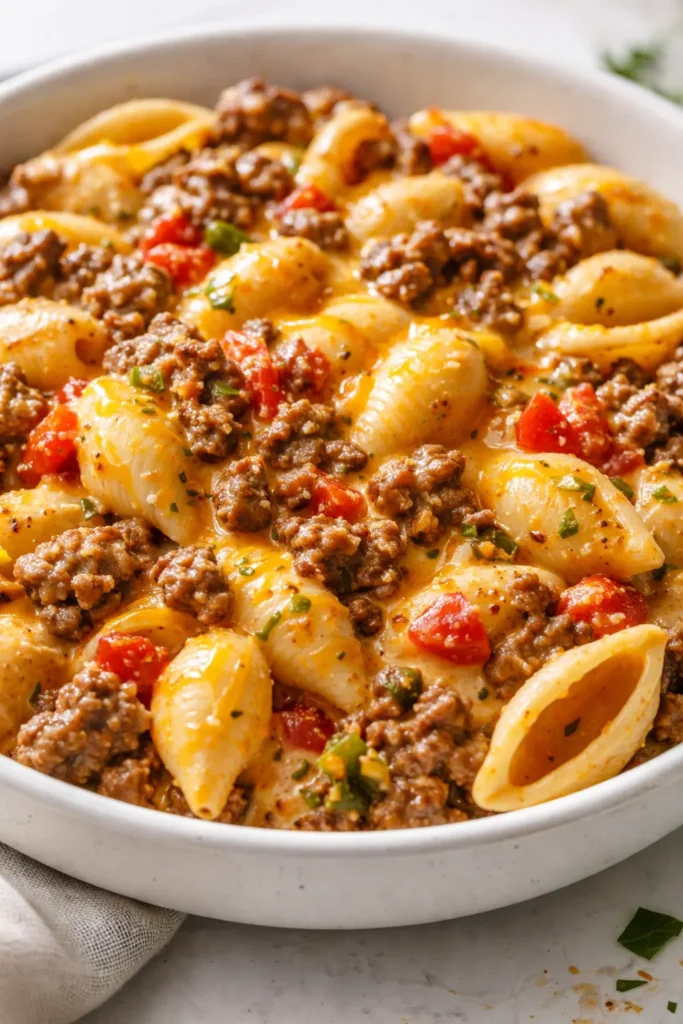 Creamy Rotel pasta with seasoned ground beef, topped with melted cheddar and fresh parsley.