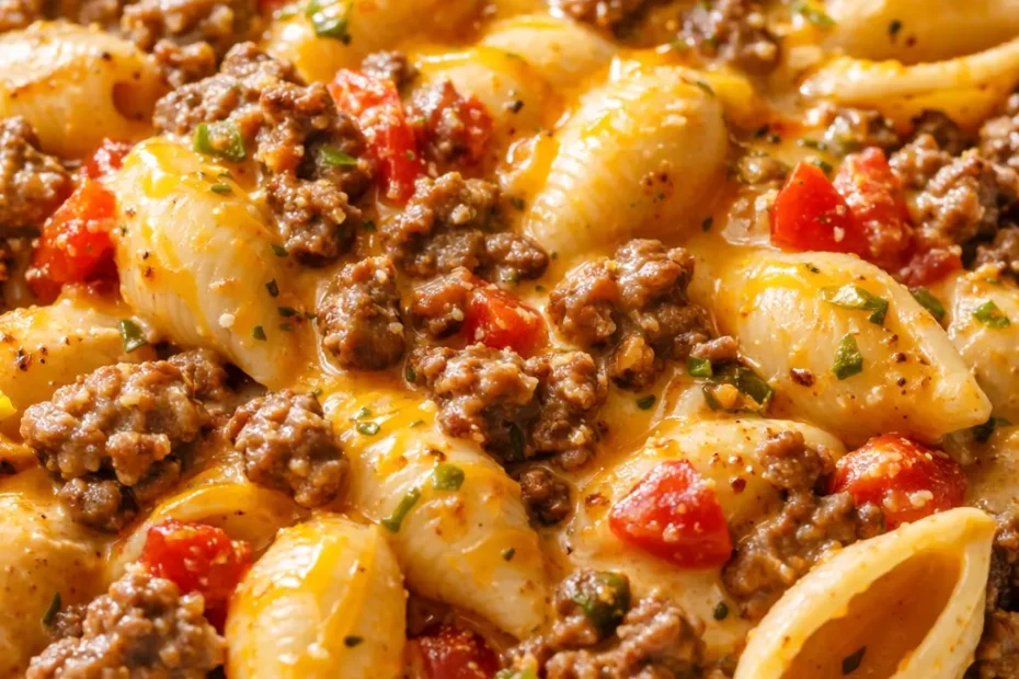 Creamy Rotel pasta with seasoned ground beef, topped with melted cheddar and fresh parsley.