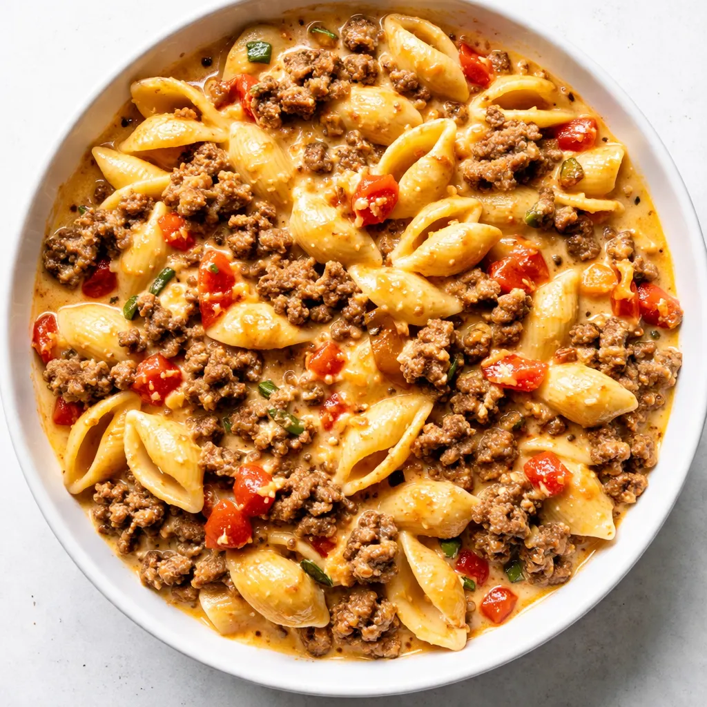 Ground beef browning with diced Rotel tomatoes in a skillet for creamy Rotel pasta, rich red sauce simmering with herbs.