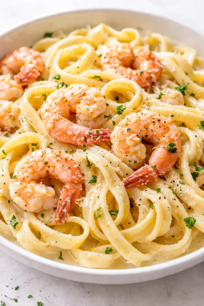 Creamy shrimp alfredo pasta with a silky, non-gloopy sauce coating fettuccine, garnished with shrimp, parsley, and Parmesan cheese.