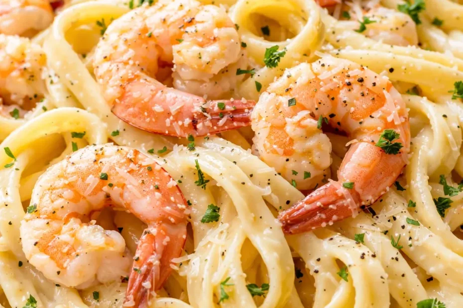 Creamy shrimp alfredo pasta with a silky, non-gloopy sauce coating fettuccine, garnished with shrimp, parsley, and Parmesan cheese.