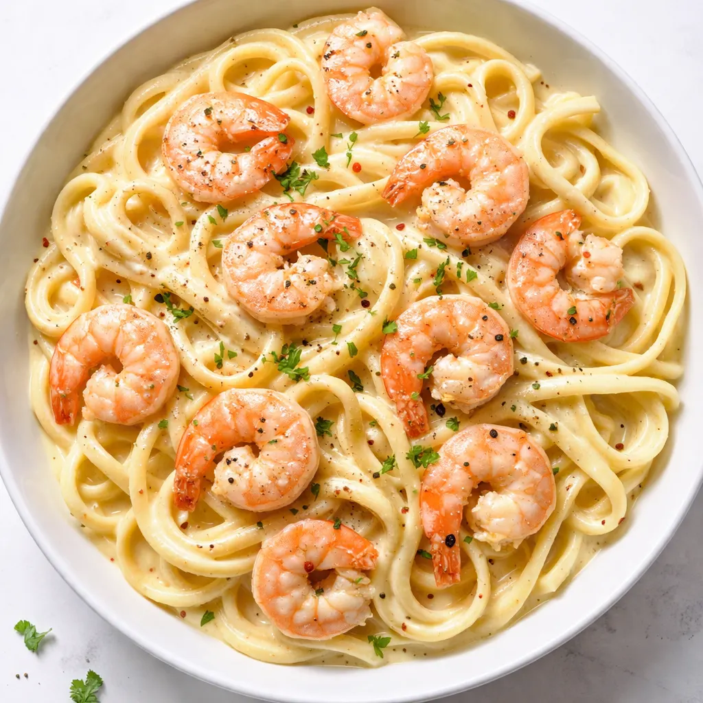 Creamy shrimp alfredo with fettuccine and shrimp in a smooth, garlicky sauce, showcasing the saucy texture.