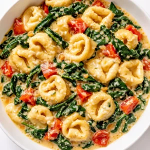 Stirring creamy spinach tomato tortellini in a pot with vibrant red tomatoes and green spinach, thick sauce coating pasta.