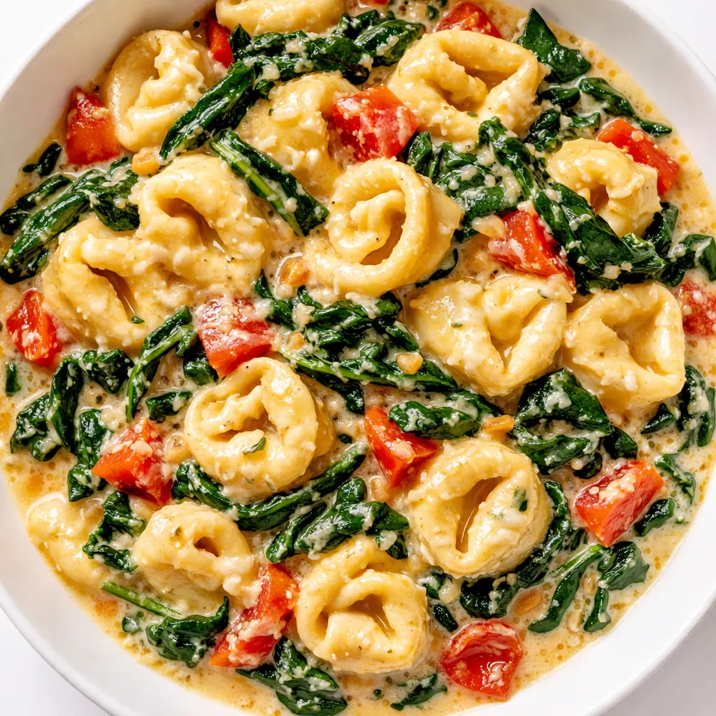Stirring creamy spinach tomato tortellini in a pot with vibrant red tomatoes and green spinach, thick sauce coating pasta.