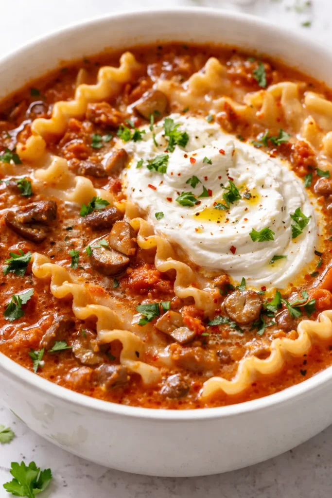Rich creamy vegetarian lasagna soup with tender noodles, melted mozzarella, and fresh basil in a hearty tomato broth.