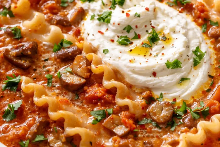 Rich creamy vegetarian lasagna soup with tender noodles, melted mozzarella, and fresh basil in a hearty tomato broth.
