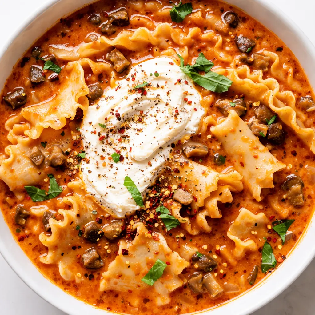 Creamy vegetarian lasagna soup with a rich tomato broth, tender no-boil noodles, and a sprinkle of melted mozzarella cheese.