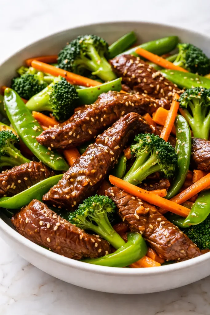A perfectly cooked beef stir fry in a wok, with charred edges and vibrant vegetables, glossy sauce, no sogginess.