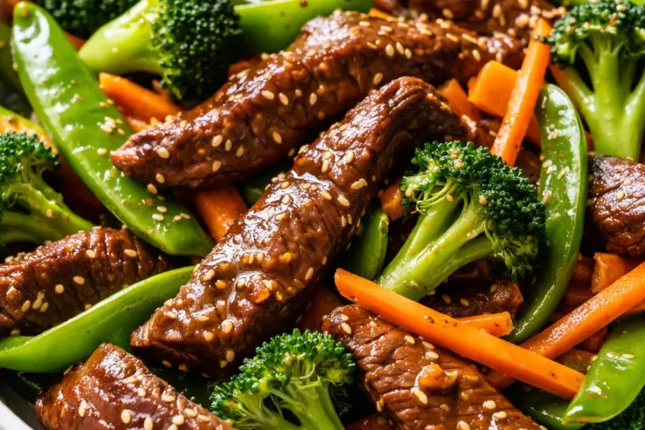 A perfectly cooked beef stir fry in a wok, with charred edges and vibrant vegetables, glossy sauce, no sogginess.