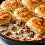 Golden, crispy-topped biscuits and gravy casserole with creamy sausage gravy and flaky biscuits in a baking dish.