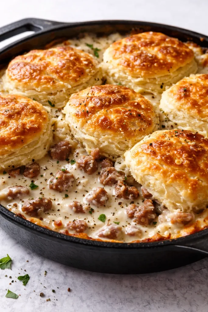 Golden, crispy-topped biscuits and gravy casserole with creamy sausage gravy and flaky biscuits in a baking dish.