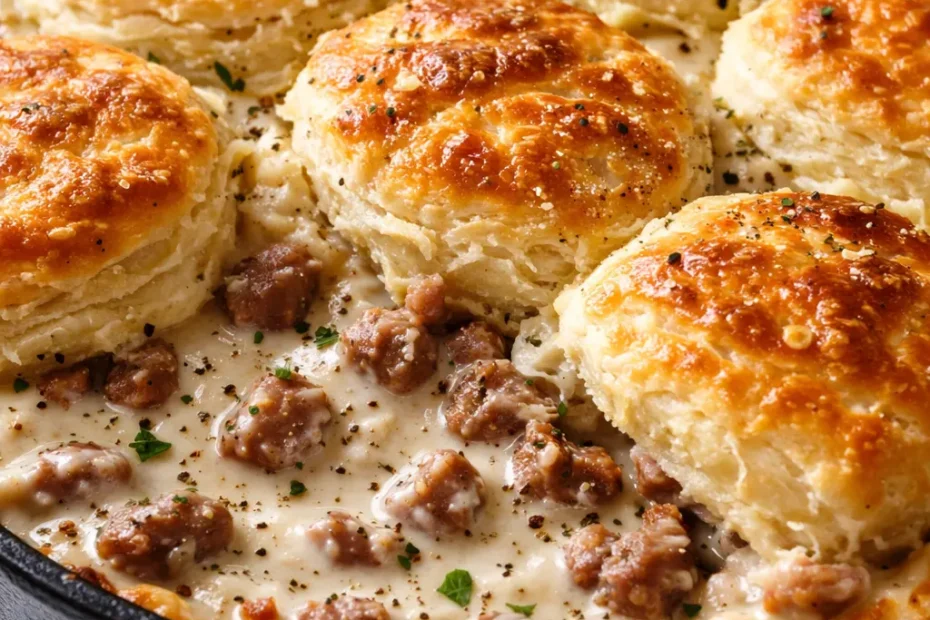 Golden, crispy-topped biscuits and gravy casserole with creamy sausage gravy and flaky biscuits in a baking dish.