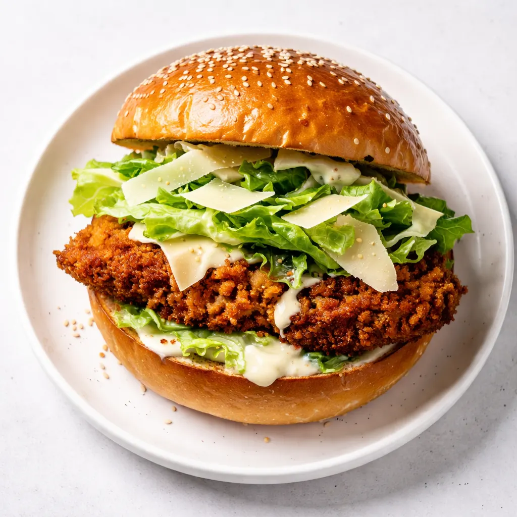 Golden crispy chicken Caesar sandwich with crunchy lettuce, parmesan, and creamy dressing on a toasted bun.