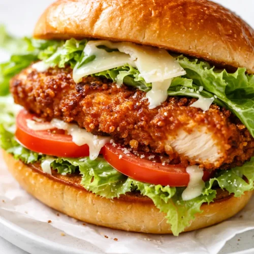 Crispy chicken Caesar sandwich with golden brown breaded chicken, crisp romaine lettuce, shaved Parmesan, and creamy Caesar dressing on a toasted ciabatta roll.